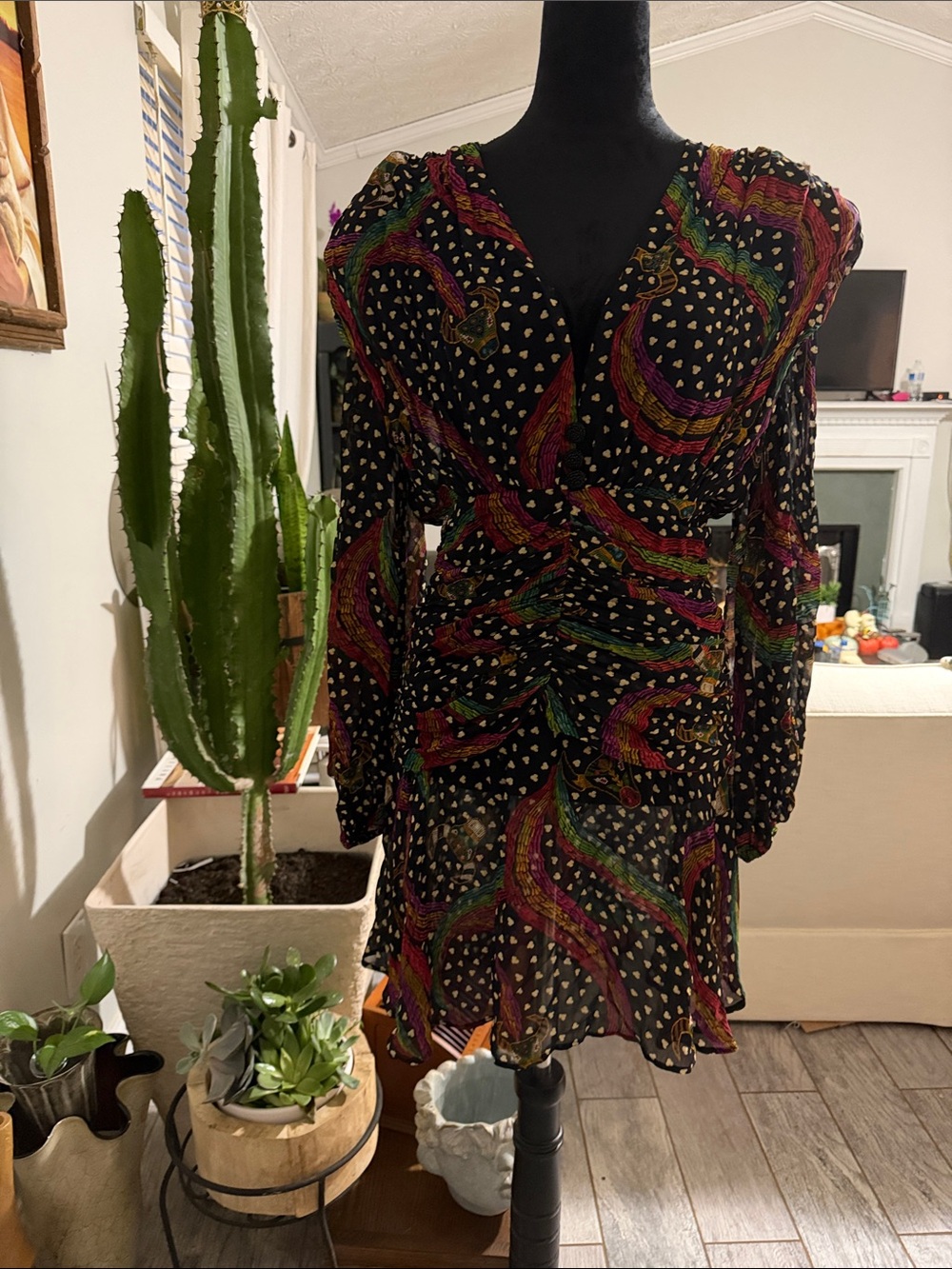 FARM Rio Black V-Neck Long Sleeve Printed Mini Dress